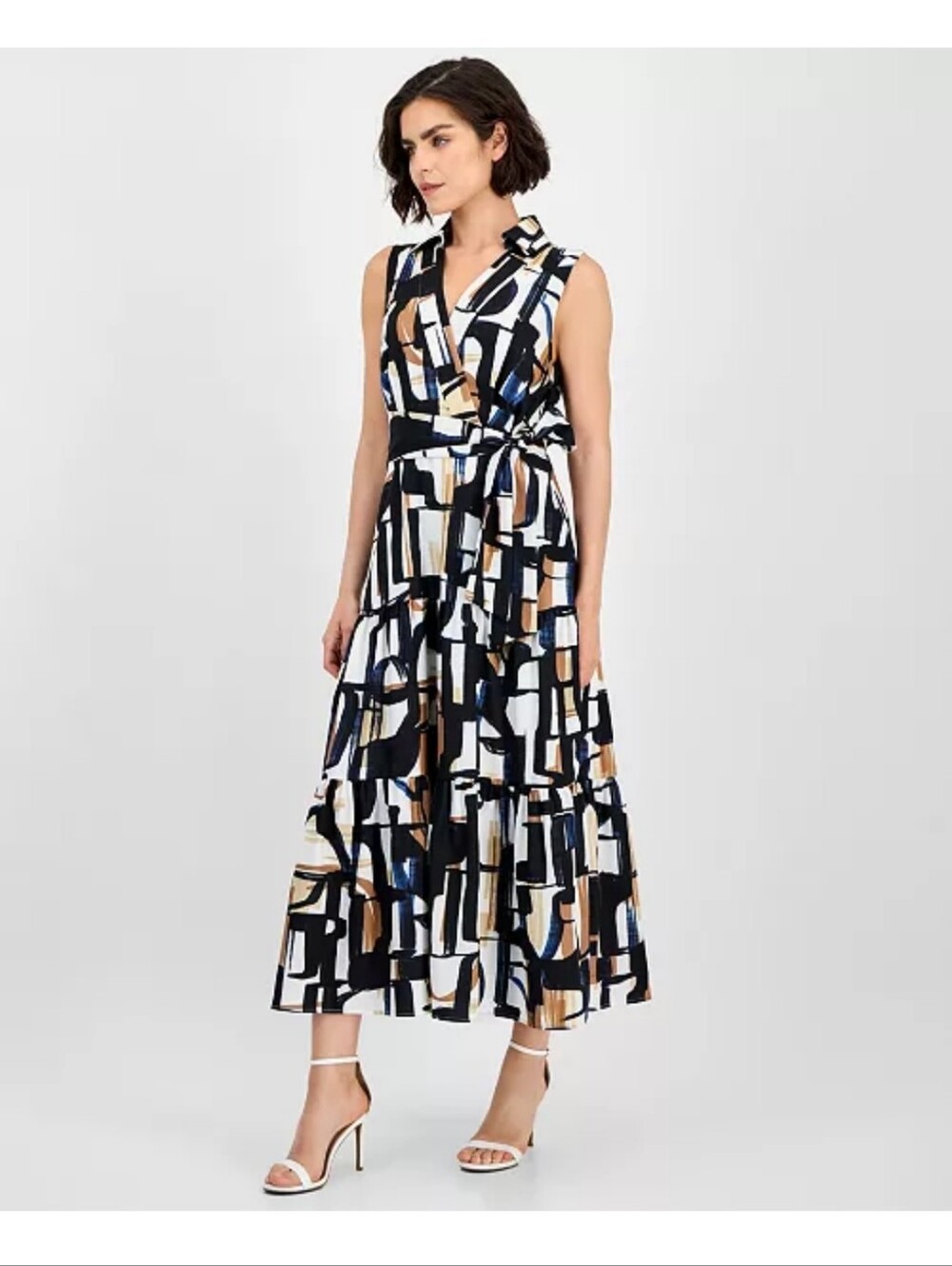 Tahari ASL $159 Abstract Print Sleeveless Tiered Maxi Dress Size 2 Belted